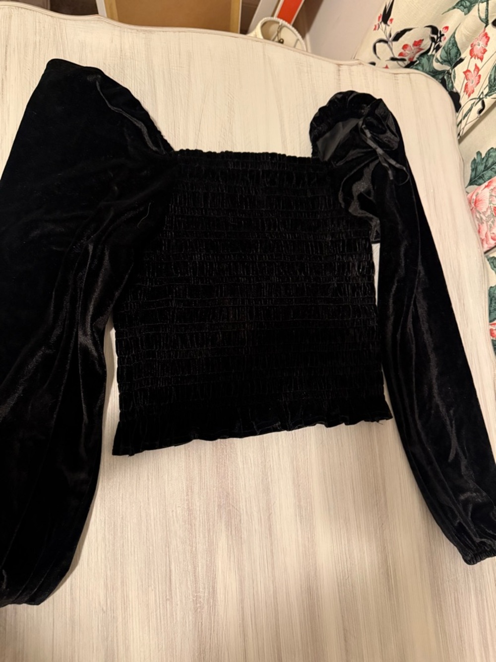 Black Velvet Smocked Puff-Sleeve Crop Top